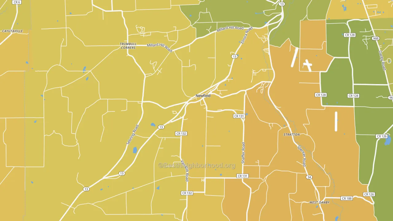 Map of the best neighborhoods in the 14867 area, with better matches in green and worse matches in red