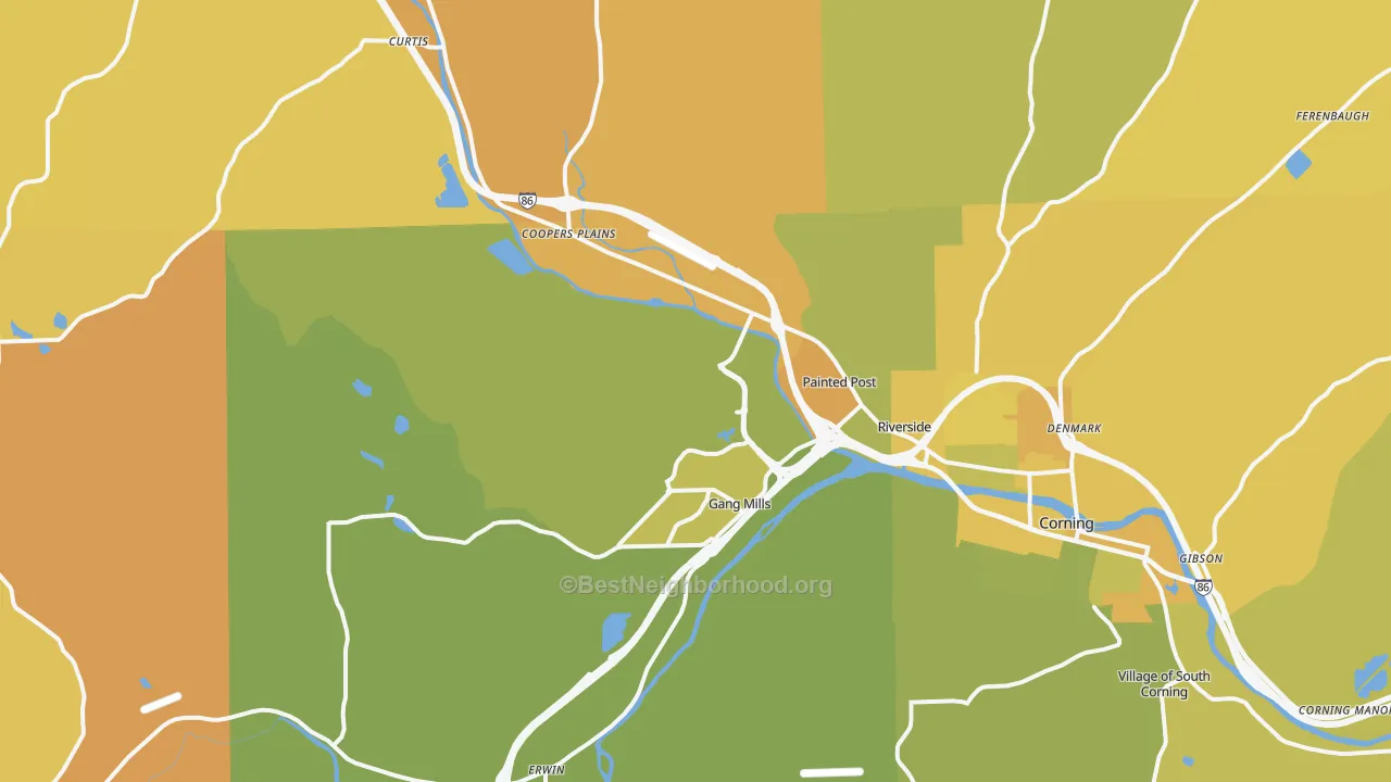 Map of the best neighborhoods in the 14870 area, with better matches in green and worse matches in red