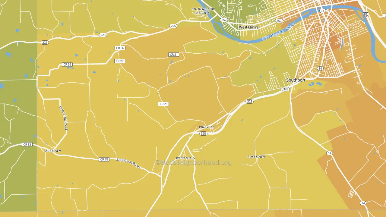 Map of the best neighborhoods in the 14871 area, with better matches in green and worse matches in red