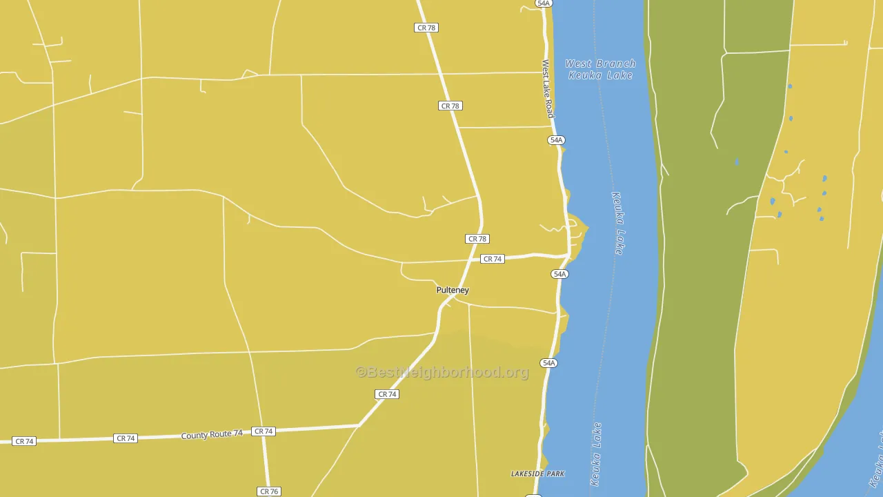 Map of the best neighborhoods in the 14874 area, with better matches in green and worse matches in red