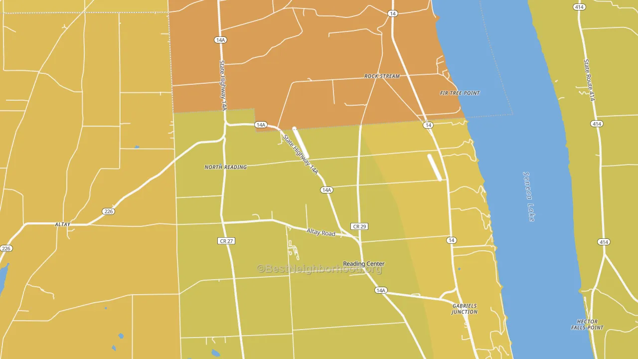 Map of the best neighborhoods in the 14878 area, with better matches in green and worse matches in red