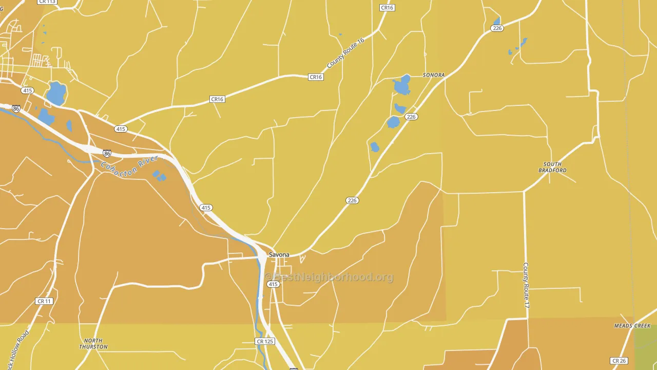 Map of the best neighborhoods in the 14879 area, with better matches in green and worse matches in red
