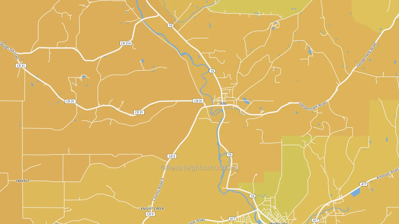 Map of the best neighborhoods in the 14880 area, with better matches in green and worse matches in red