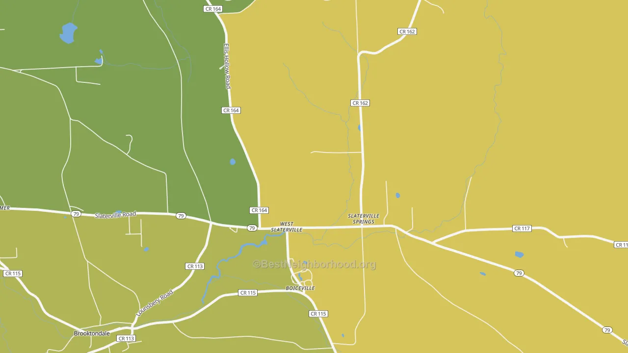 Map of the best neighborhoods in the 14881 area, with better matches in green and worse matches in red