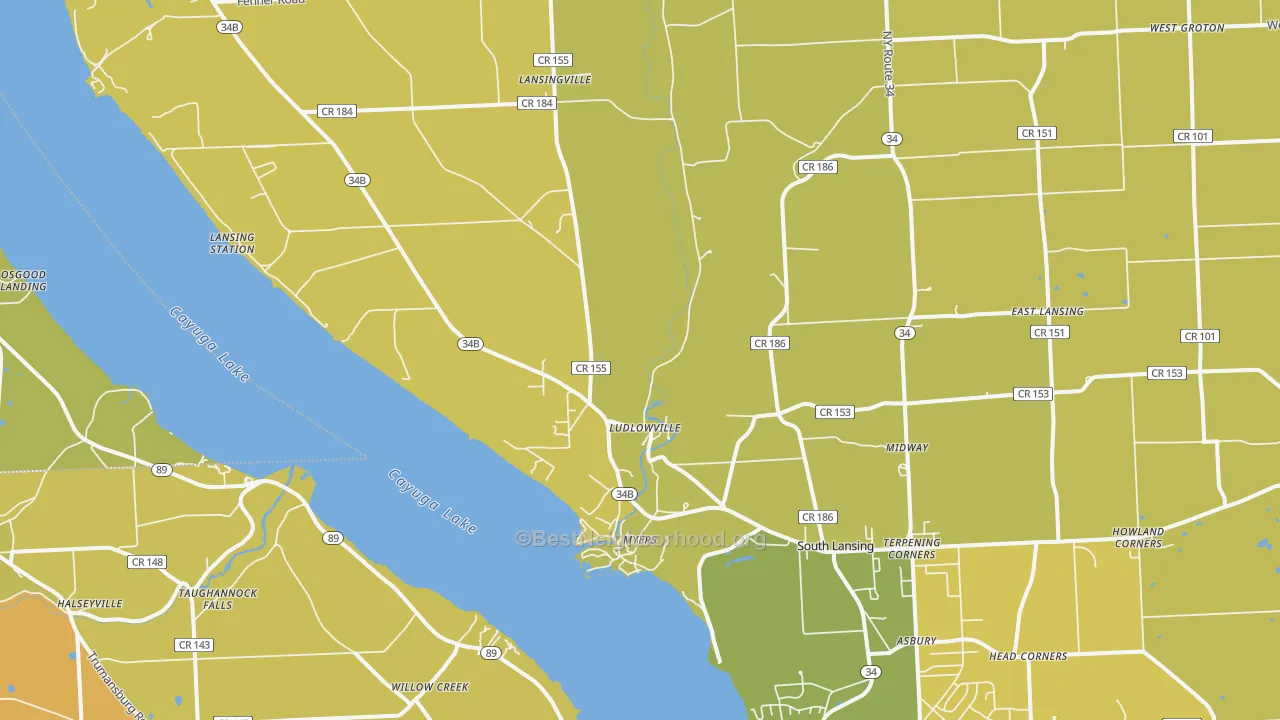 Map of the best neighborhoods in the 14882 area, with better matches in green and worse matches in red