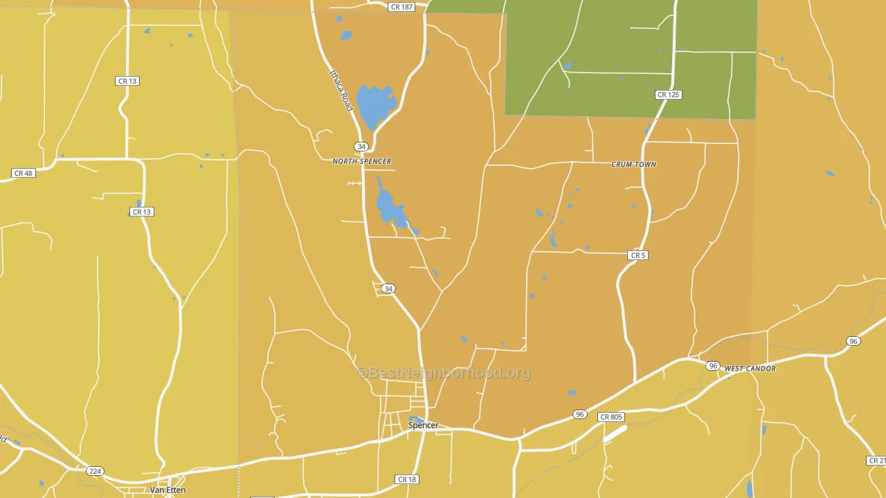 Map of the best neighborhoods in the 14883 area, with better matches in green and worse matches in red