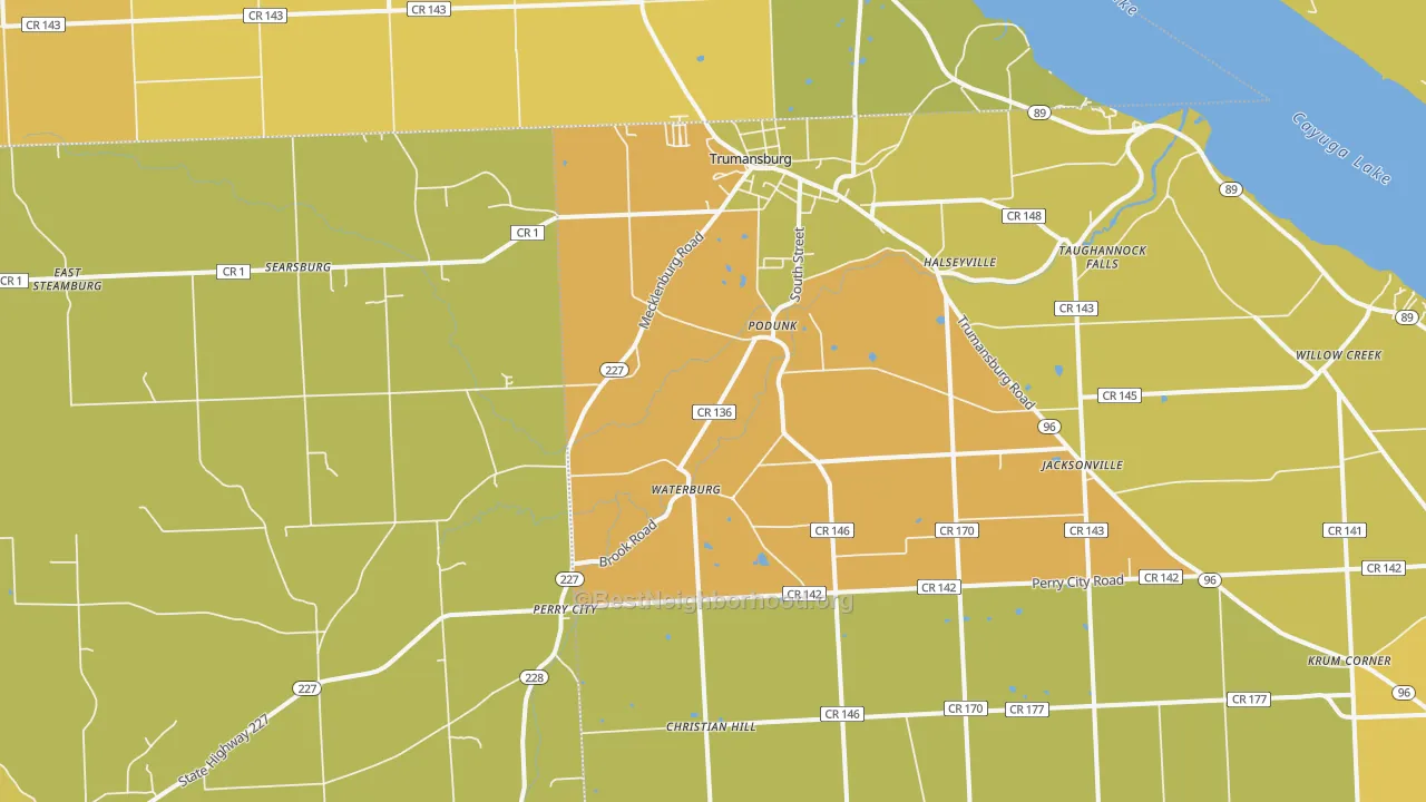 Map of the best neighborhoods in the 14886 area, with better matches in green and worse matches in red