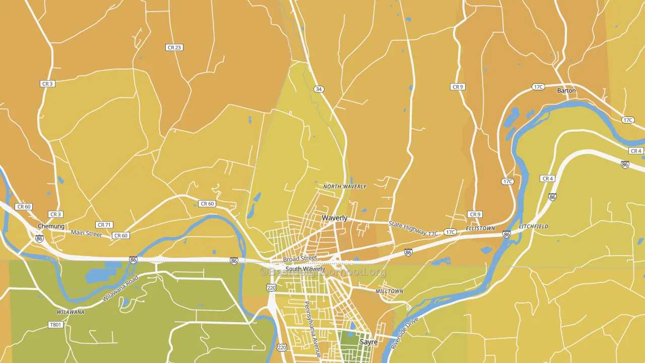 Map of the best neighborhoods in the 14892 area, with better matches in green and worse matches in red