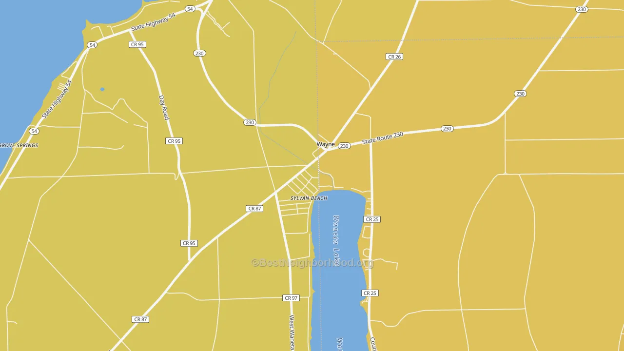 Map of the best neighborhoods in the 14893 area, with better matches in green and worse matches in red