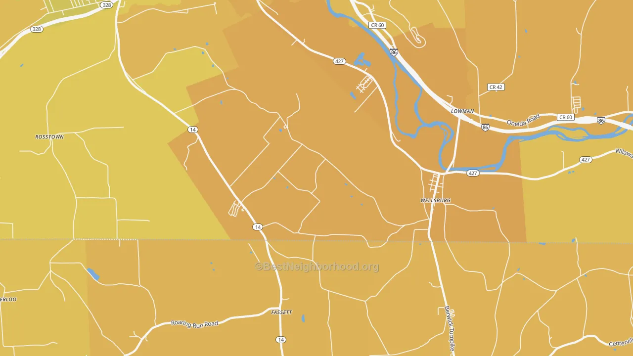 Map of the best neighborhoods in the 14894 area, with better matches in green and worse matches in red