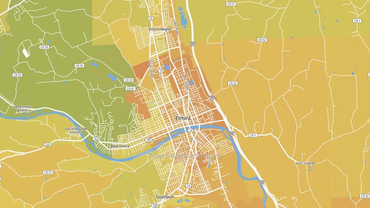 Map of the best neighborhoods in the 14901 area, with better matches in green and worse matches in red