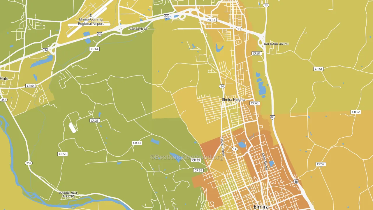 Map of the best neighborhoods in the 14903 area, with better matches in green and worse matches in red