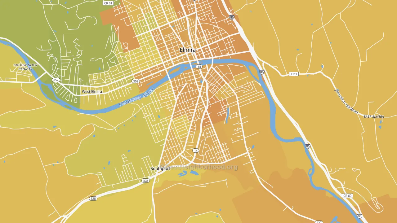 Map of the best neighborhoods in the 14904 area, with better matches in green and worse matches in red