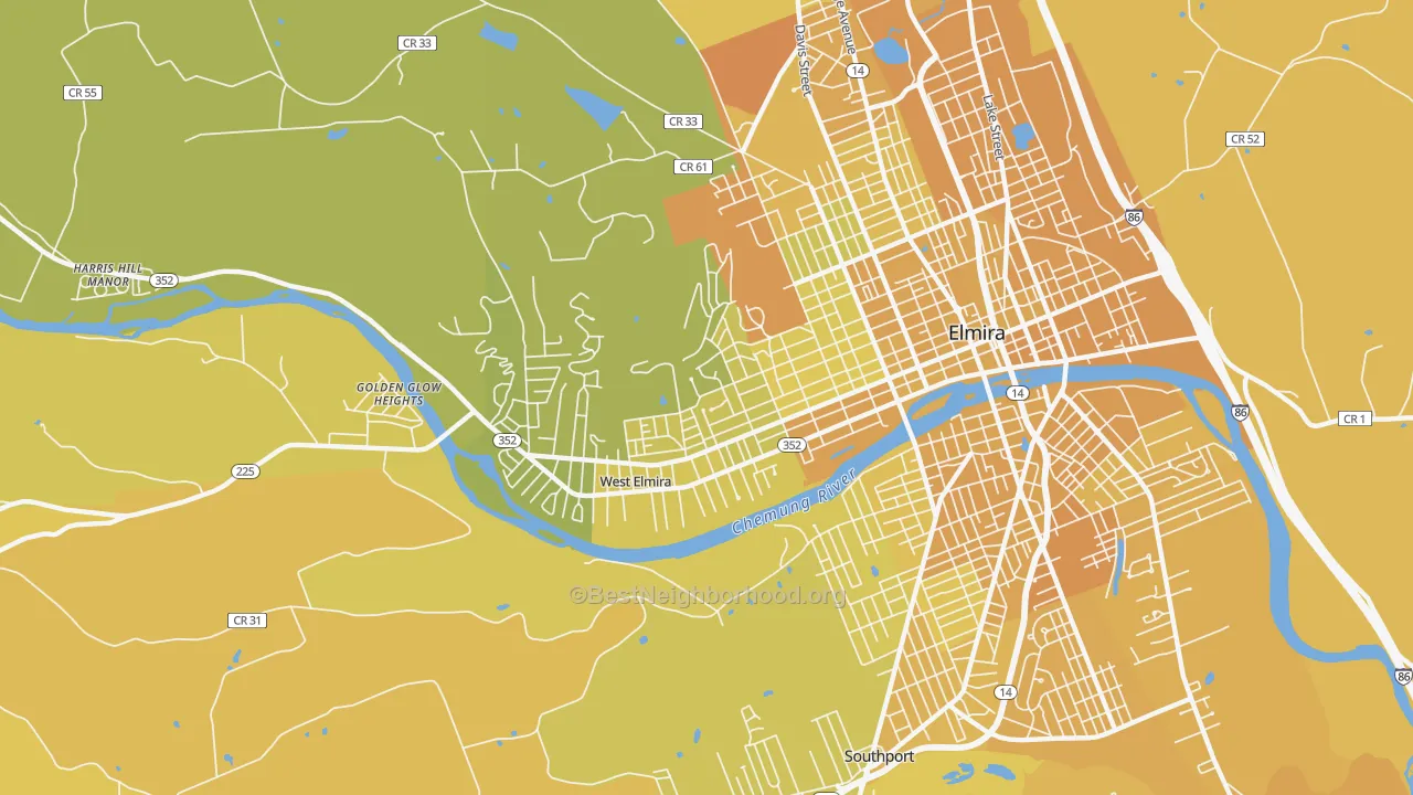 Map of the best neighborhoods in the 14905 area, with better matches in green and worse matches in red