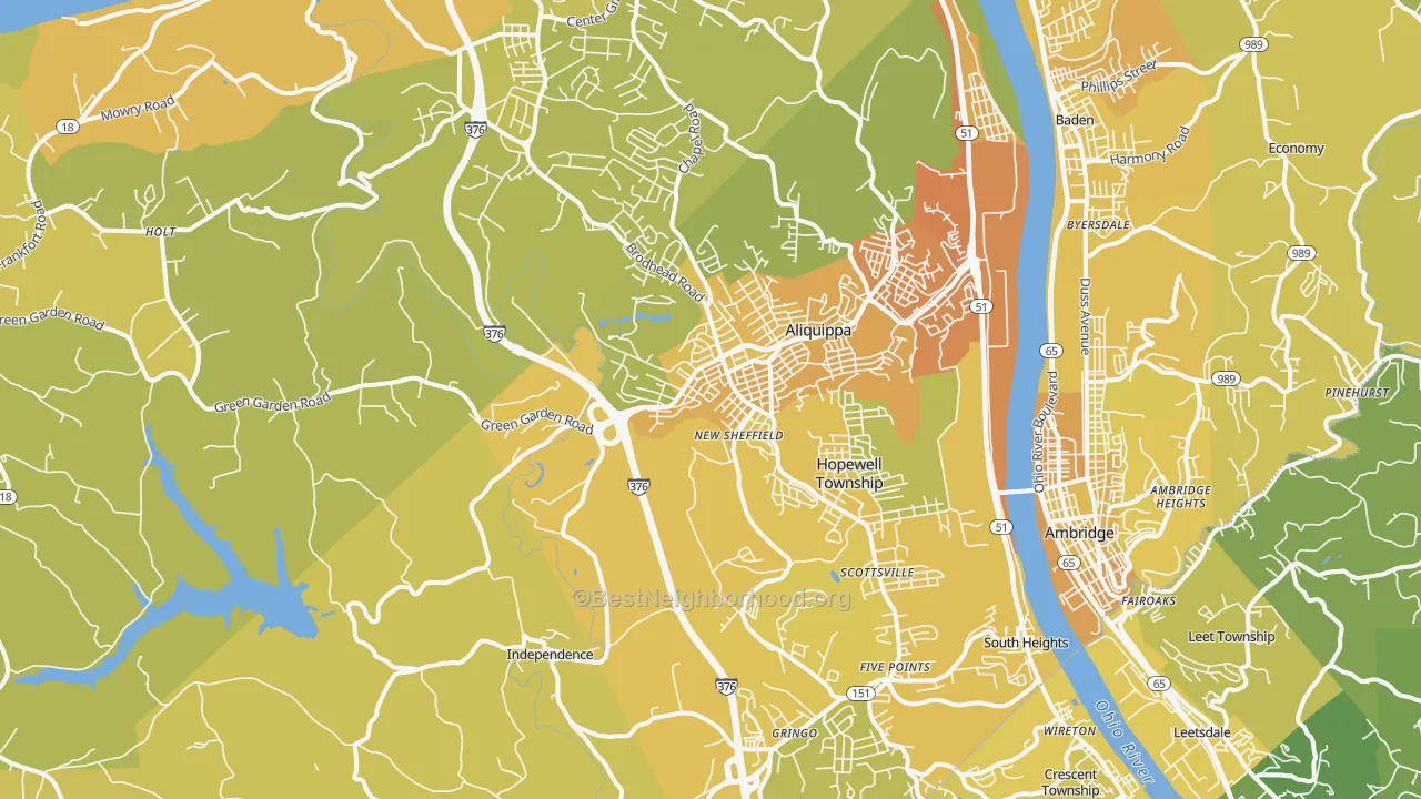 Map of the best neighborhoods in the 15001 area, with better matches in green and worse matches in red