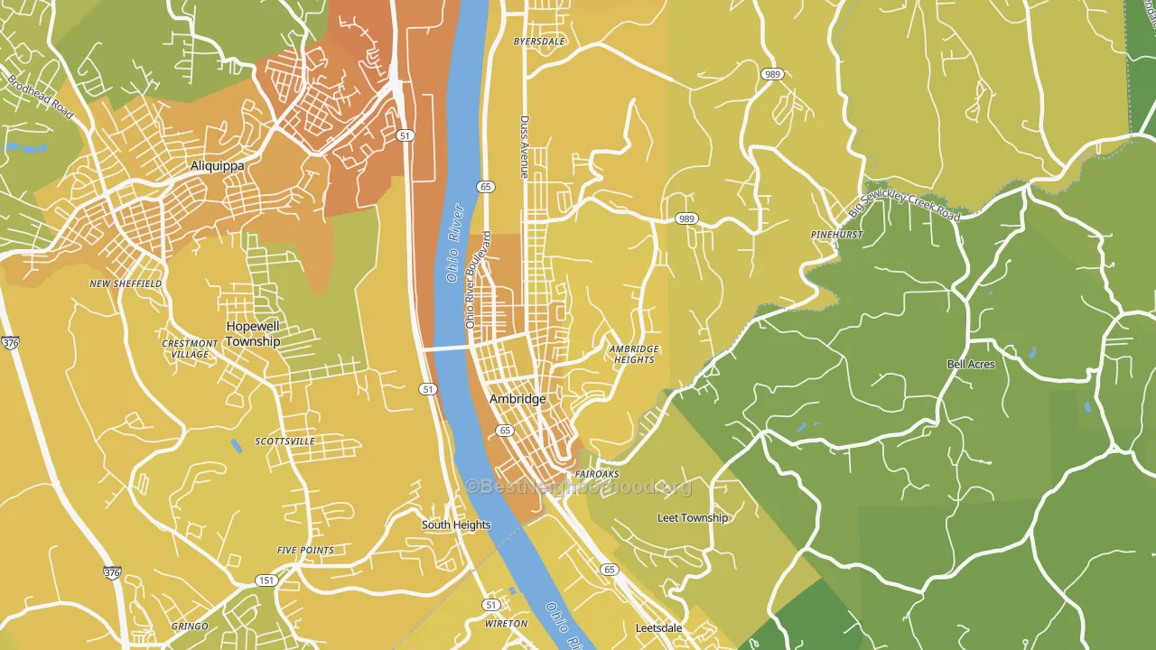 Map of the best neighborhoods in the 15003 area, with better matches in green and worse matches in red