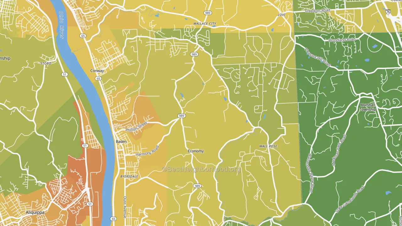 Map of the best neighborhoods in the 15005 area, with better matches in green and worse matches in red