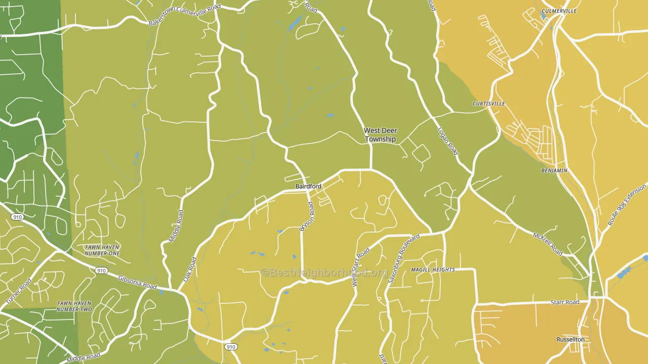 Map of the best neighborhoods in the 15006 area, with better matches in green and worse matches in red