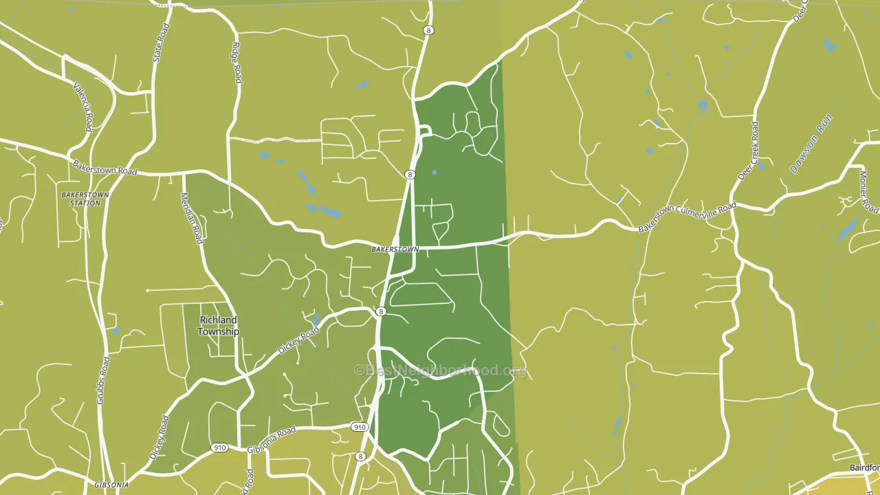 Map of the best neighborhoods in the 15007 area, with better matches in green and worse matches in red