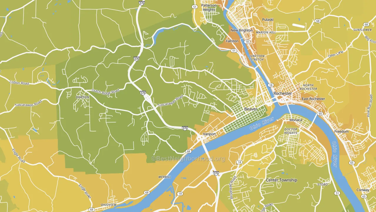 Map of the best neighborhoods in the 15009 area, with better matches in green and worse matches in red