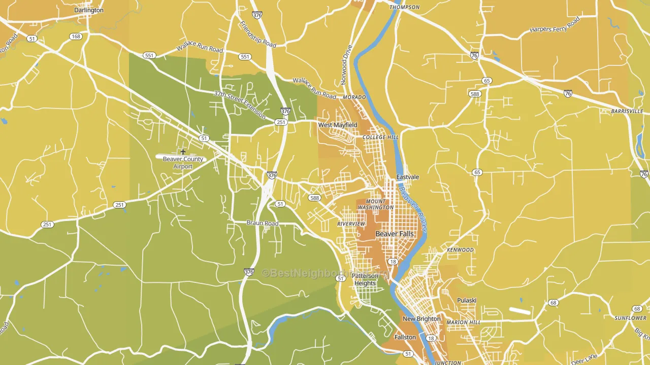 Map of the best neighborhoods in the 15010 area, with better matches in green and worse matches in red
