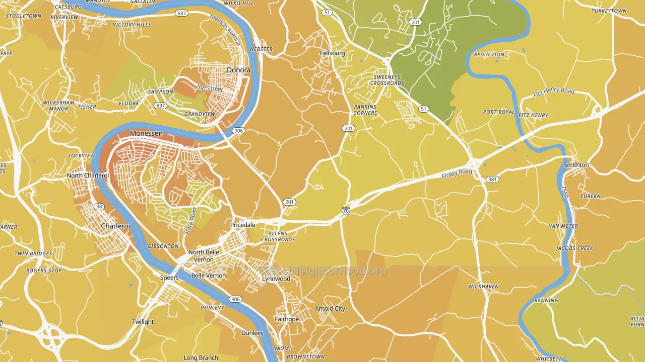 Map of the best neighborhoods in the 15012 area, with better matches in green and worse matches in red