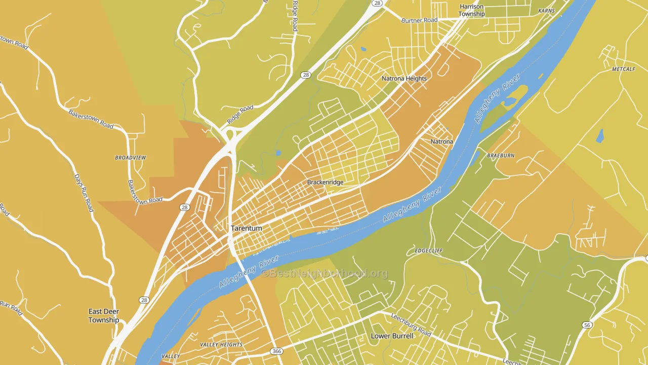 Map of the best neighborhoods in the 15014 area, with better matches in green and worse matches in red