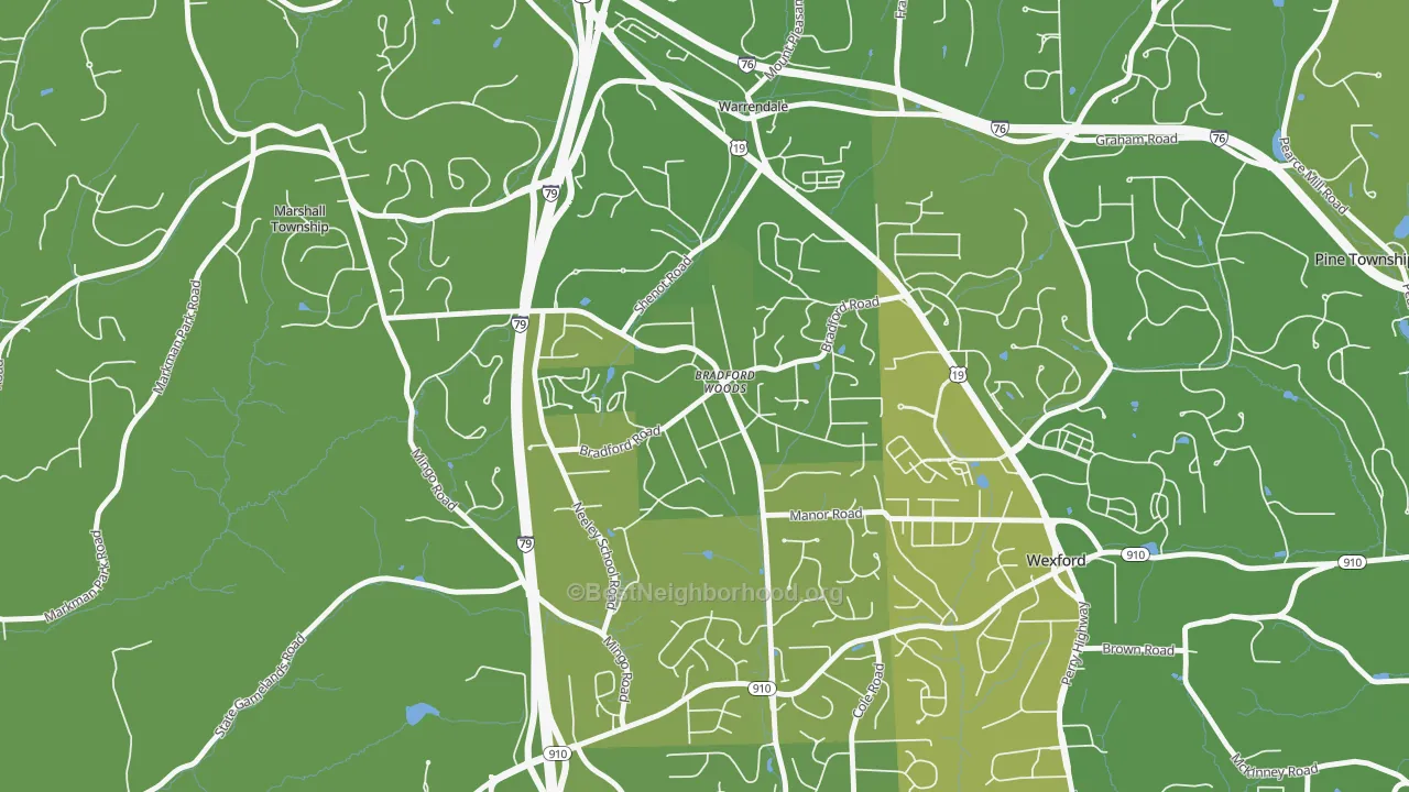 Map of the best neighborhoods in the 15015 area, with better matches in green and worse matches in red