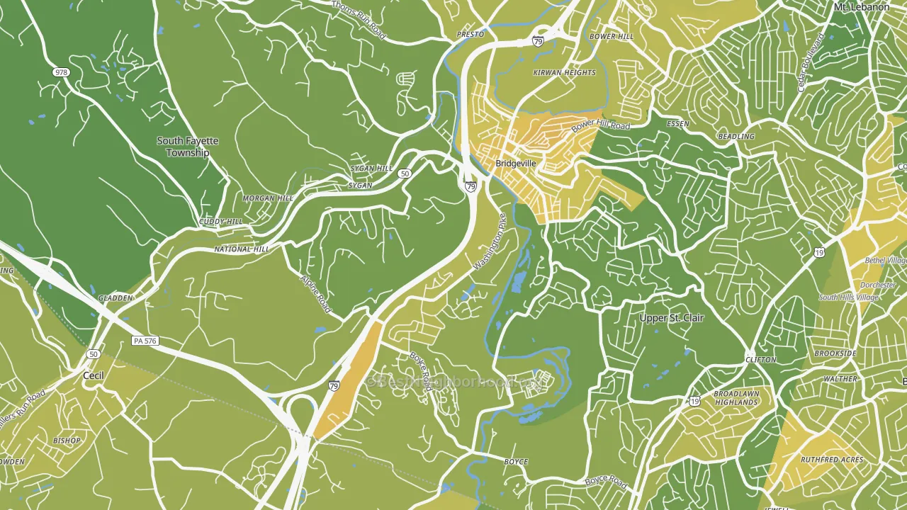 Map of the best neighborhoods in the 15017 area, with better matches in green and worse matches in red