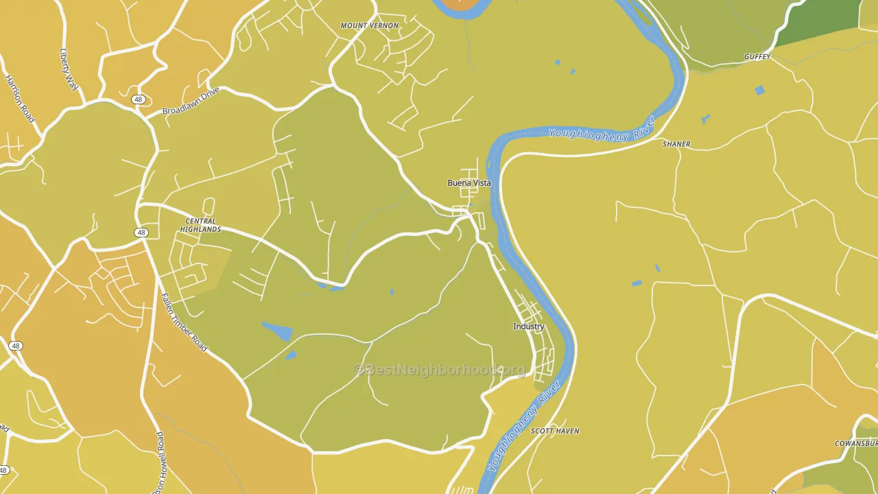 Map of the best neighborhoods in the 15018 area, with better matches in green and worse matches in red
