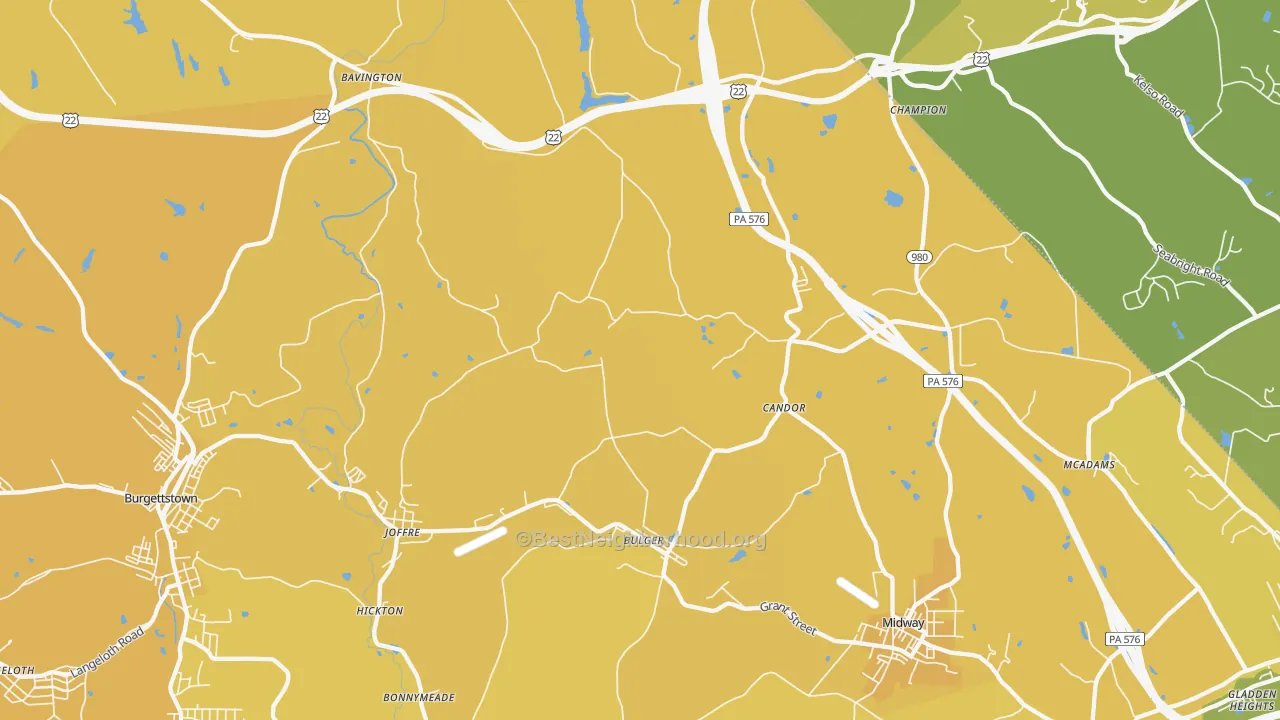 Map of the best neighborhoods in the 15019 area, with better matches in green and worse matches in red