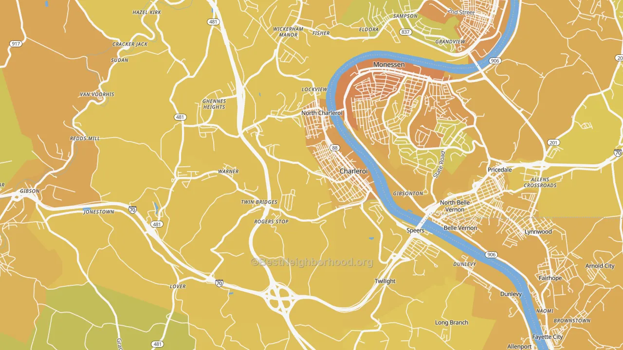 Map of the best neighborhoods in the 15022 area, with better matches in green and worse matches in red