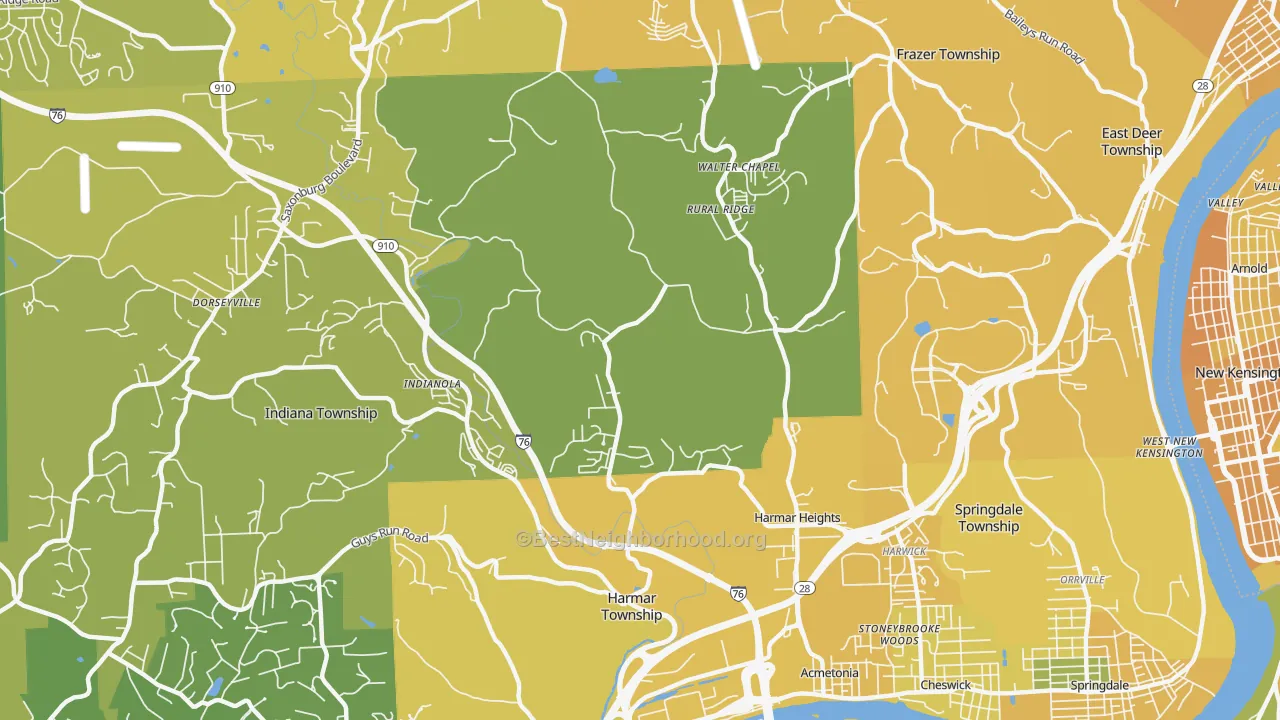 Map of the best neighborhoods in the 15024 area, with better matches in green and worse matches in red