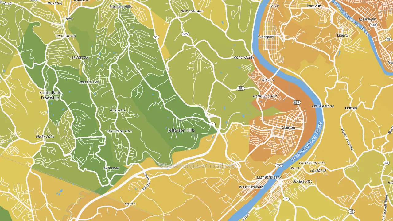 Map of the best neighborhoods in the 15025 area, with better matches in green and worse matches in red