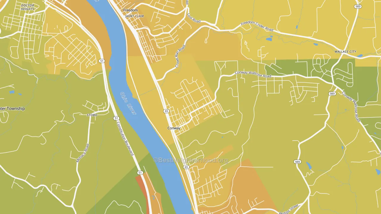 Map of the best neighborhoods in the 15027 area, with better matches in green and worse matches in red