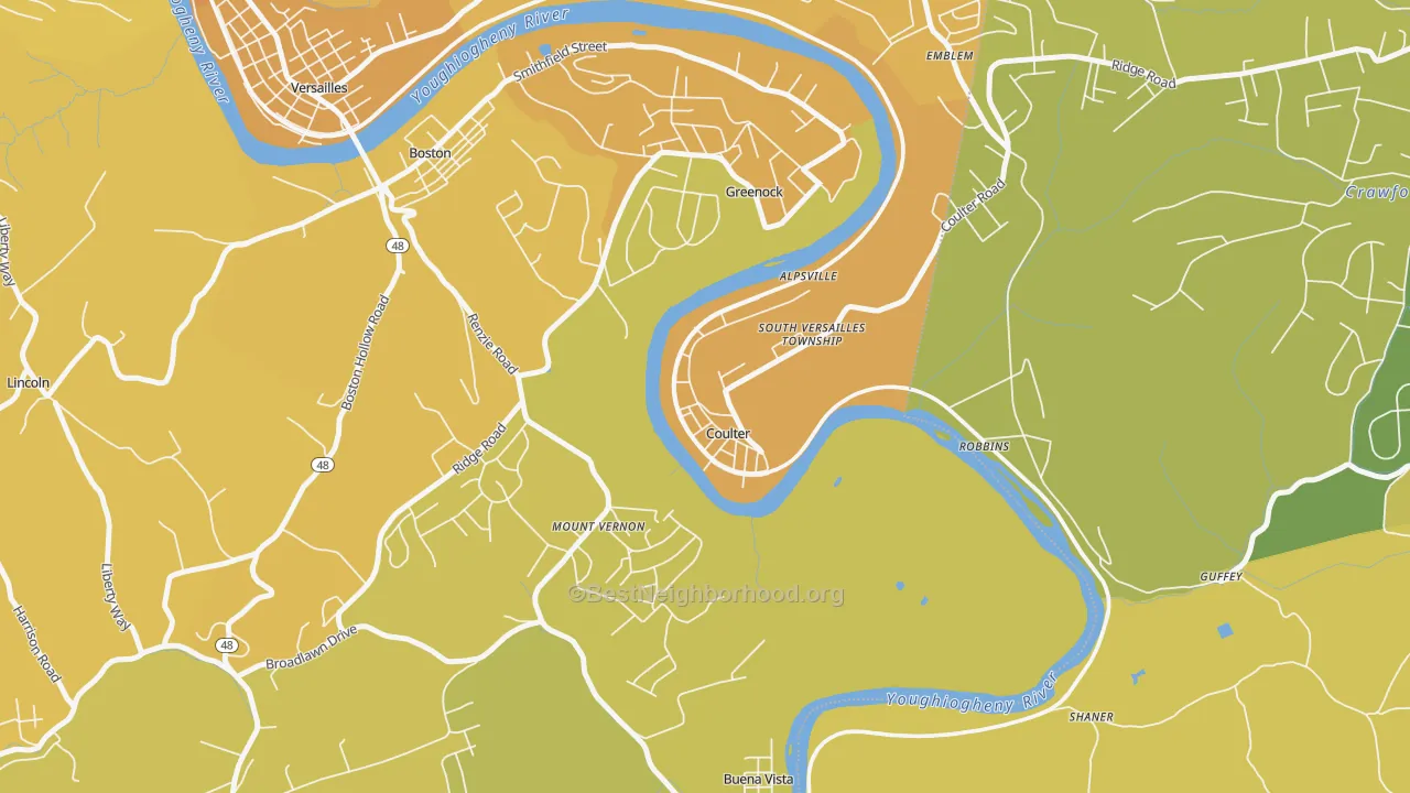 Map of the best neighborhoods in the 15028 area, with better matches in green and worse matches in red