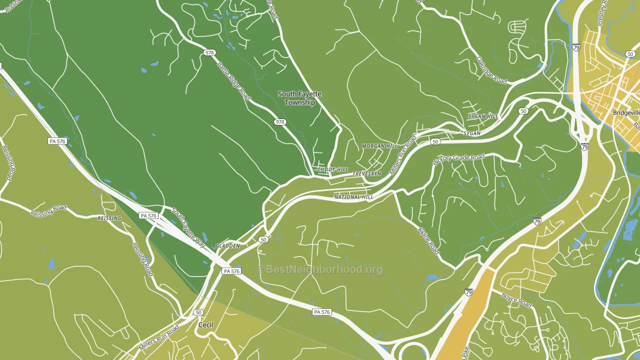 Map of the best neighborhoods in the 15031 area, with better matches in green and worse matches in red