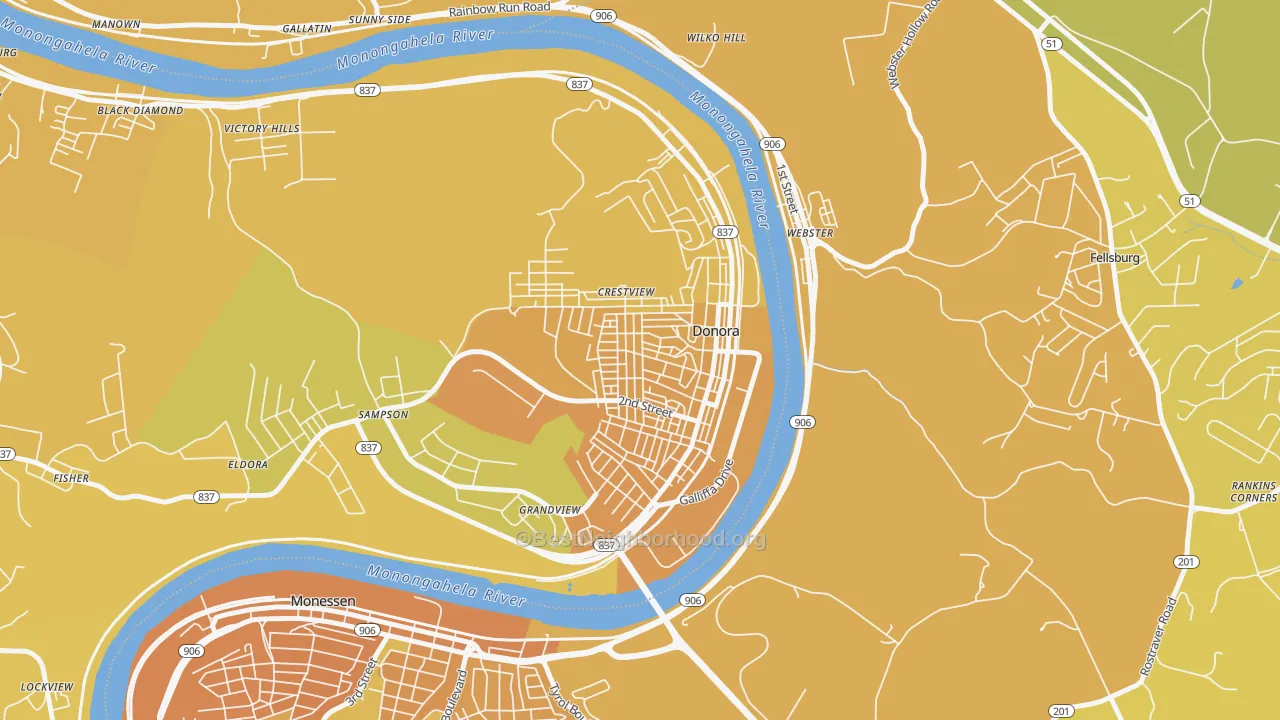 Map of the best neighborhoods in the 15033 area, with better matches in green and worse matches in red