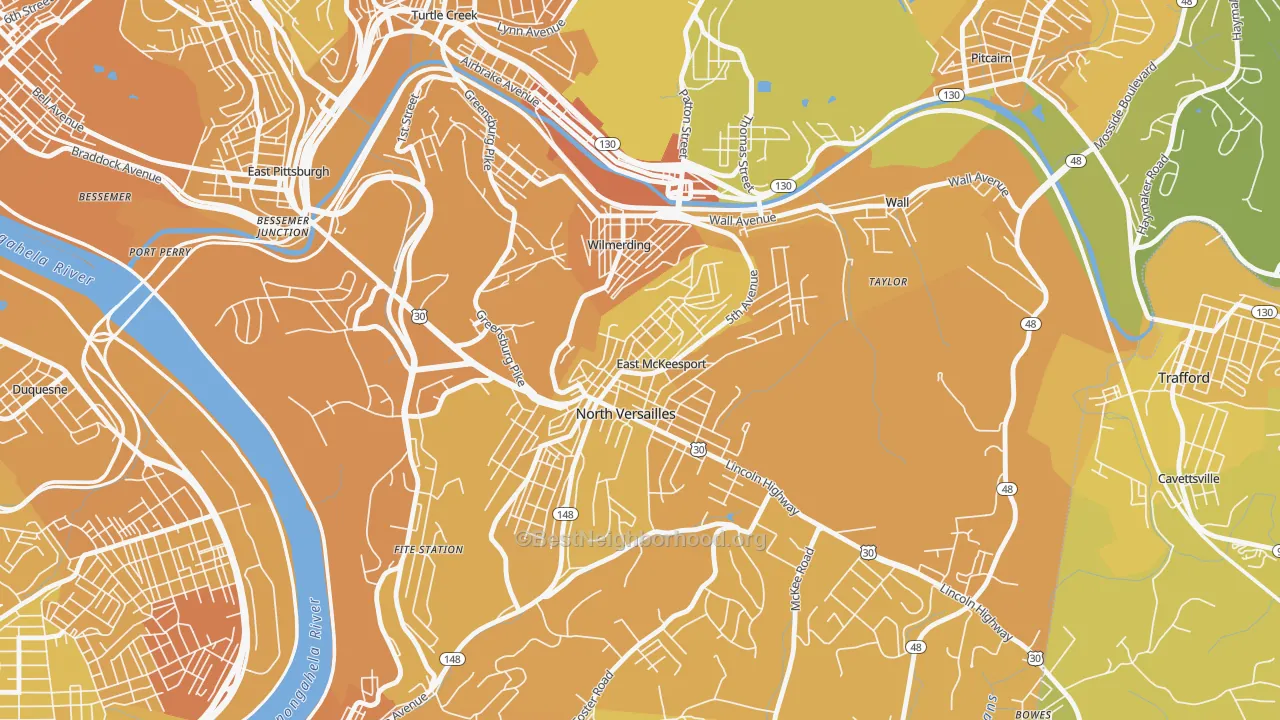 Map of the best neighborhoods in the 15035 area, with better matches in green and worse matches in red