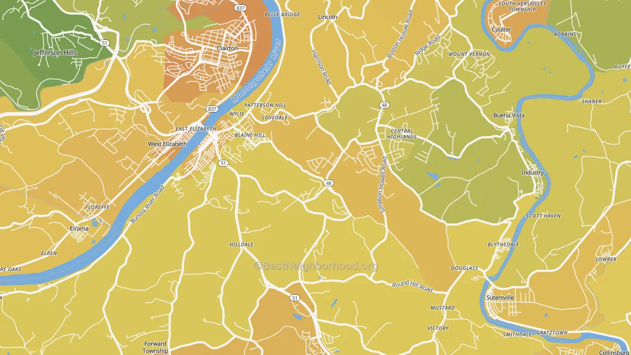 Map of the best neighborhoods in the 15037 area, with better matches in green and worse matches in red