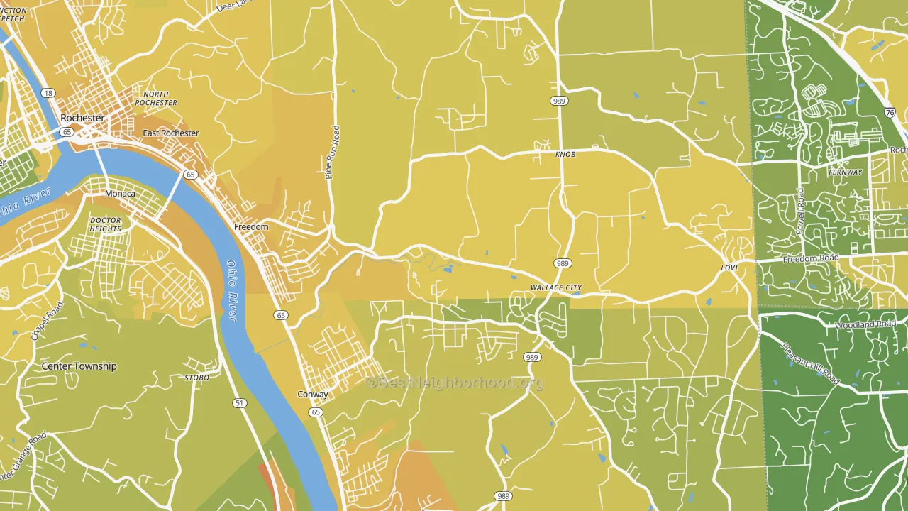 Map of the best neighborhoods in the 15042 area, with better matches in green and worse matches in red