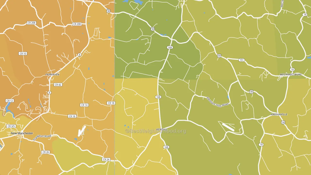 Map of the best neighborhoods in the 15043 area, with better matches in green and worse matches in red