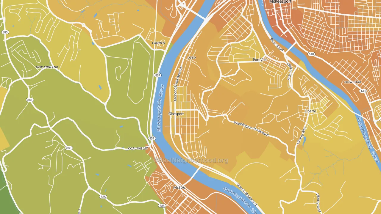 Map of the best neighborhoods in the 15045 area, with better matches in green and worse matches in red