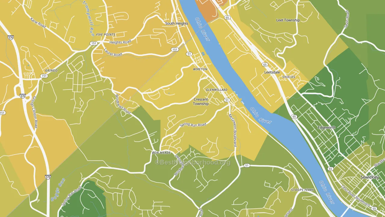Map of the best neighborhoods in the 15046 area, with better matches in green and worse matches in red