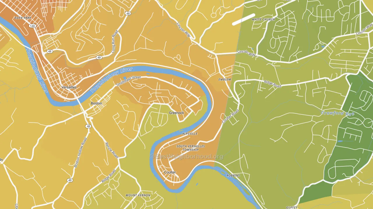 Map of the best neighborhoods in the 15047 area, with better matches in green and worse matches in red