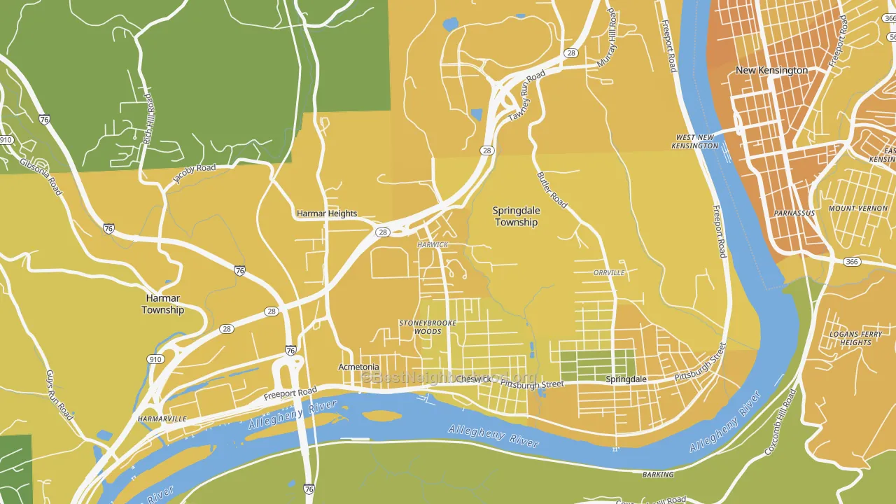 Map of the best neighborhoods in the 15049 area, with better matches in green and worse matches in red