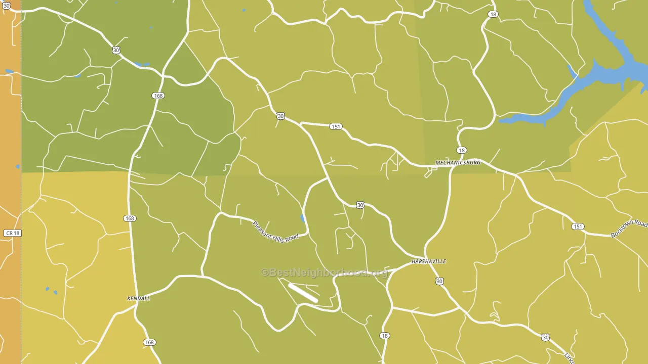 Map of the best neighborhoods in the 15050 area, with better matches in green and worse matches in red