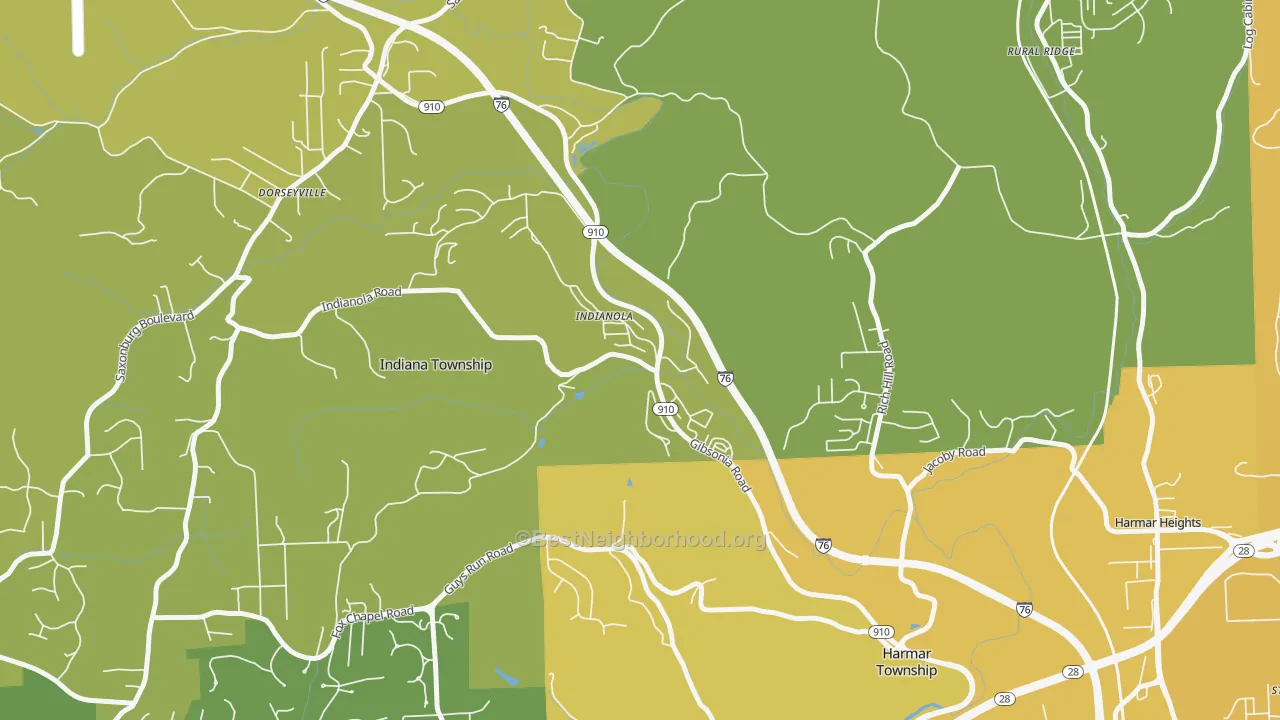 Map of the best neighborhoods in the 15051 area, with better matches in green and worse matches in red