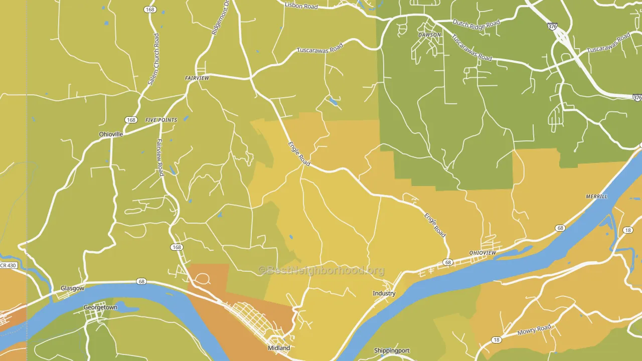 Map of the best neighborhoods in the 15052 area, with better matches in green and worse matches in red