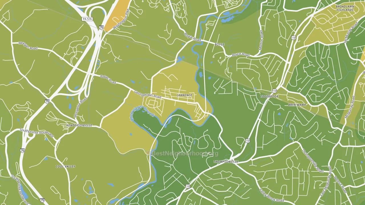 Map of the best neighborhoods in the 15055 area, with better matches in green and worse matches in red